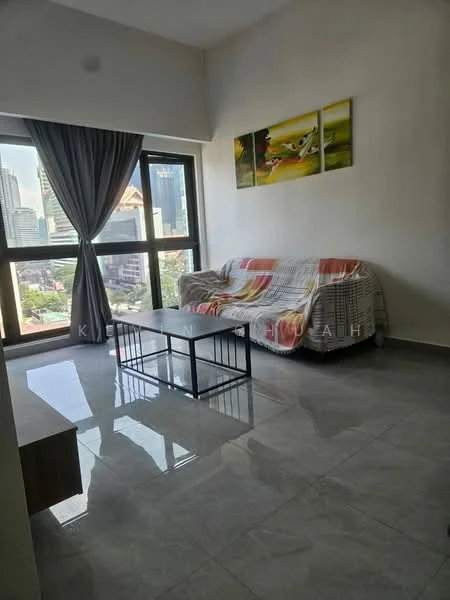 Living features: grey polished tile flooring, white painted walls, floor-to-ceiling windows, curtains, 3-seater fabric sofa with plaid throw, glass coffee table with metal frame, decorative artwork on wall, city view from window; style: modern; view: city.