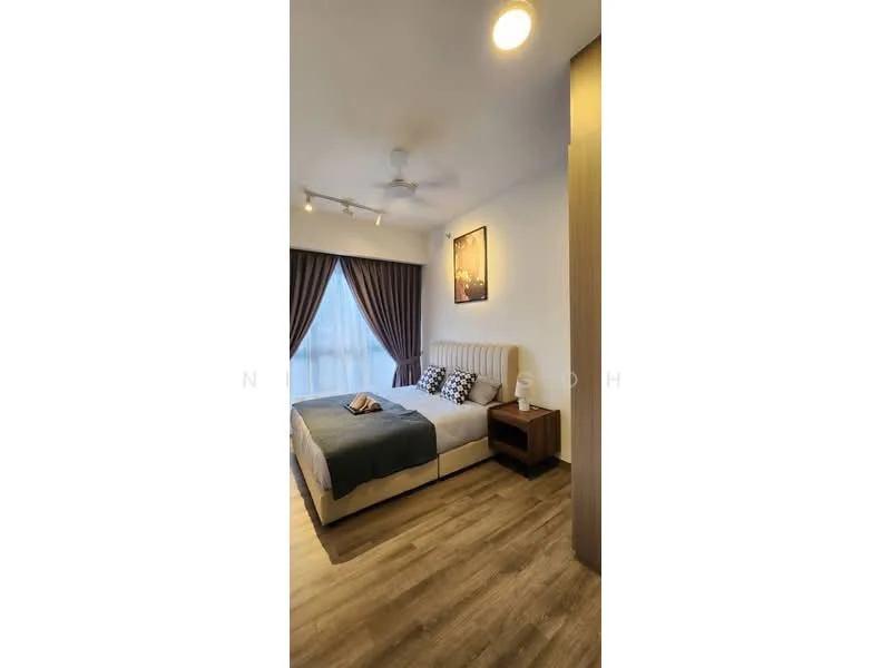 Bedroom features: queen-size bed, upholstered headboard, bedside table, table lamp, ceiling fan, floor-to-ceiling window, sheer curtains, dark brown curtains, wooden flooring, framed artwork, decorative pillows; style: modern.