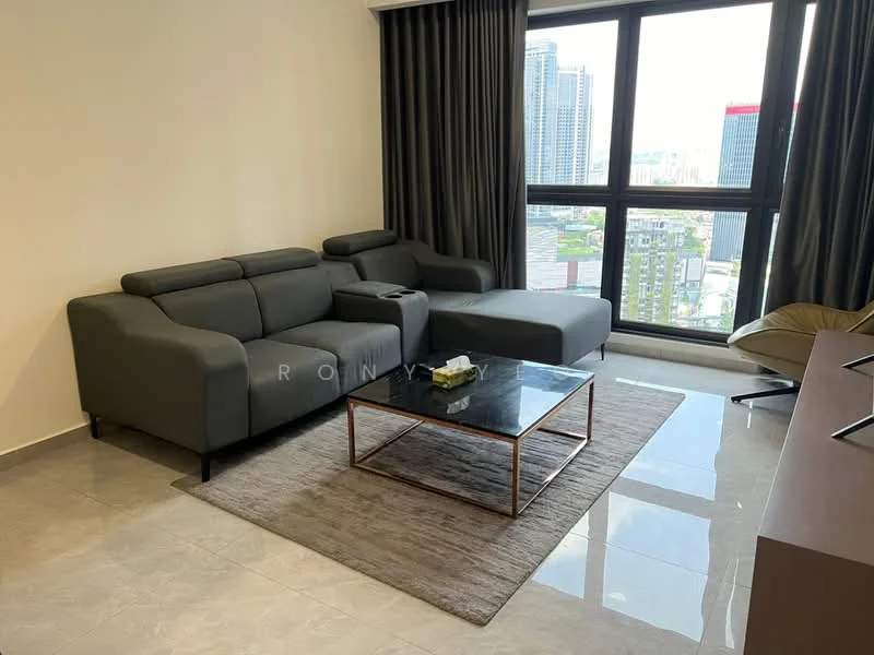 Living features: 3-seater fabric sofa in grey, L-shape sectional sofa, coffee table with metal frame, area rug with neutral color, floor-to-ceiling windows, city skyline view, polished tile flooring, curtains in dark grey, TV console, wall-mounted TV; style: modern; view: city.