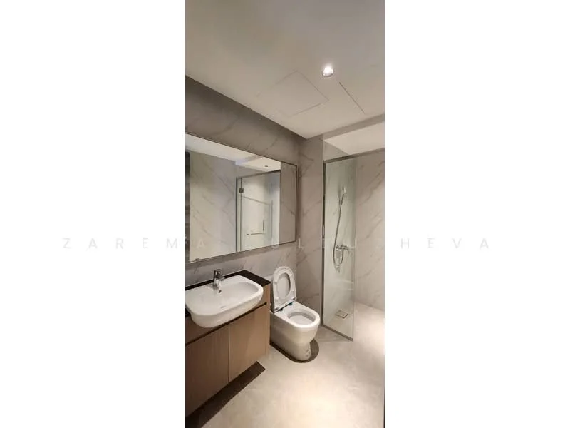 Bathroom features: single-sink vanity with wood cabinet, chrome basin mixer faucet, framed mirror, one-piece toilet, walk-in shower with glass enclosure, handheld shower, tile cladding on walls, light-colored flooring, recessed downlights; style: modern.