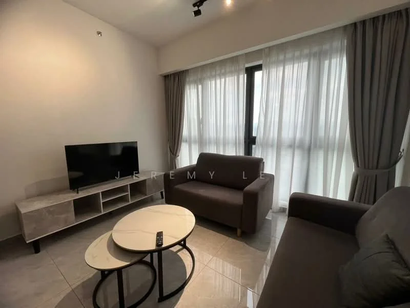 Living features: grey fabric sofa, 2-seater sofa, coffee table with round top, TV console with marble finish, wall-mounted TV, floor-to-ceiling windows, sheer curtains, grey tiled flooring, recessed downlights; style: modern.