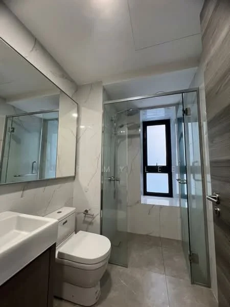 Bathroom features: white ceramic toilet, single-sink vanity with wood cabinet, mirror above vanity, glass shower enclosure, rain shower head, grey marble tile flooring, white marble wall tiles, sliding glass door, window with black frame; style: modern.