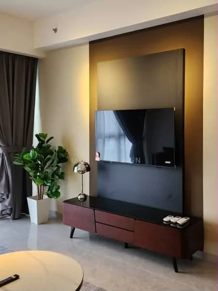 Living features: wall-mounted flat-screen TV, dark wood TV console with drawers, light grey marble flooring, large window with sheer curtains, potted indoor plant, decorative table lamp, accent wall in dark brown, neutral painted walls; style: modern.