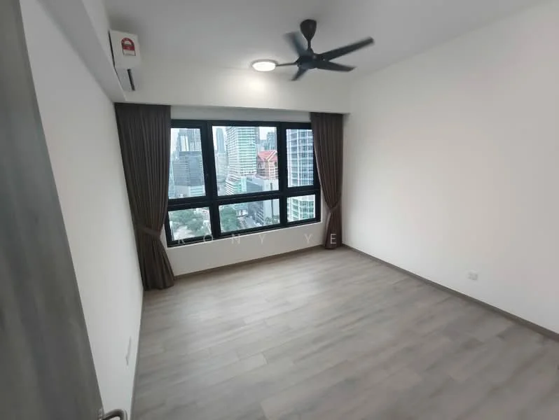 Room features: light wood laminate flooring, white painted walls, floor-to-ceiling windows, blackout curtains, 5-blade ceiling fan with light, air conditioning unit, city skyline view; style: modern; view: city.