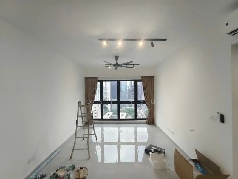 Living features: white painted walls, polished concrete flooring, 5-blade ceiling fan with light, floor-to-ceiling windows, curtains in beige, recessed downlights, ladder, boxes and tools on the floor; style: modern; view: city.
