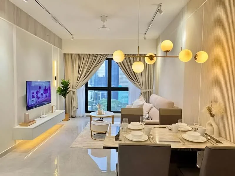 Living features: sofa in light beige, coffee table with marble top, TV console with wall-mounted TV, dining table for 4 with upholstered chairs, pendant light fixture with multiple globes, floor-to-ceiling windows, curtains in light fabric, decorative plant in ceramic pot, marble flooring, wall paneling with light accents, decorative vase on dining table; style: modern; view: city.