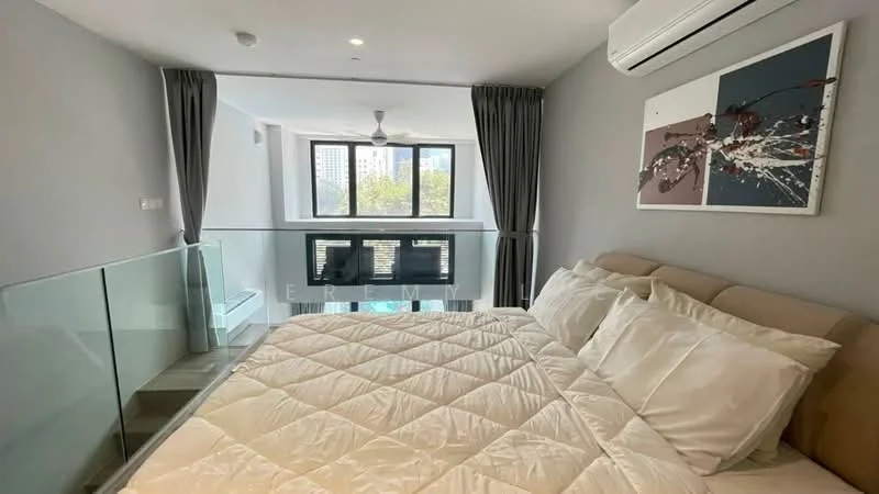 Bedroom features: king-size bed with upholstered headboard, white bedding, floor-to-ceiling windows, grey curtains, ceiling fan, air conditioning unit, glass railing, neutral grey walls, artwork on wall; style: modern; view: city.