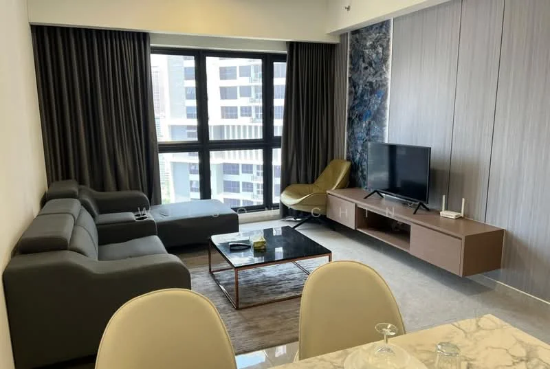 Living features: grey fabric sectional sofa, coffee table with glass top, area rug with neutral tones, wall-mounted TV, wooden TV console, floor-to-ceiling windows, curtains in dark grey, decorative wall with blue accents, light-colored flooring; style: modern; view: city.