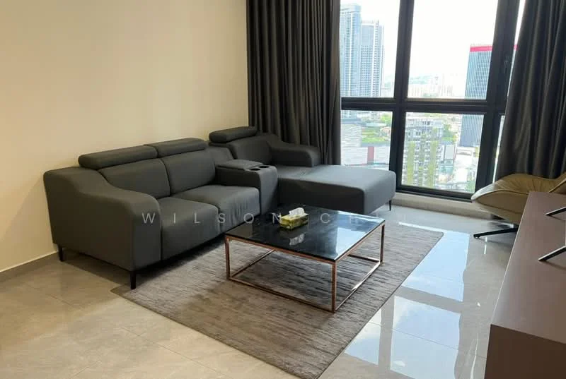 Living features: 3-seater fabric sofa in grey, L-shape sectional in grey, coffee table with metal frame, area rug with neutral color, floor-to-ceiling windows, city view, curtains in dark grey, polished tile flooring; style: modern; view: city.