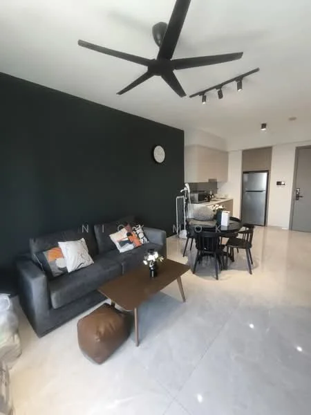Living features: 3-seater fabric sofa in grey, coffee table, pendant light, 5-blade ceiling fan, wall clock, marble tile flooring, dark accent wall, open kitchen area, dining table with chairs, refrigerator, kitchen cabinetry; style: modern.