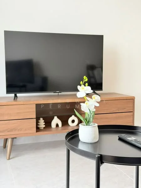 Living features: flat-screen TV, wooden TV console with drawers, decorative white sculptures, potted orchid plant, black round coffee table, remote control on table, light-colored walls, tile flooring; style: modern.
