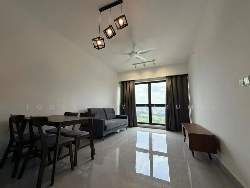 Living features: grey fabric sofa, 4-seater wooden dining table, wooden dining chairs, ceiling fan with light, 3-bulb pendant light, floor-to-ceiling window, blackout curtains, polished tile flooring, wall-mounted TV console, decorative wall panel; style: modern; view: city.