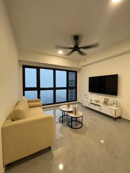 Living features: light grey marble flooring, white painted walls, 5-blade ceiling fan with light, floor-to-ceiling windows, blackout curtains, 2-seater fabric sofa in beige, round coffee table with black metal frame, TV console with white cabinetry, wall-mounted TV, decorative items on console; style: modern; view: city.