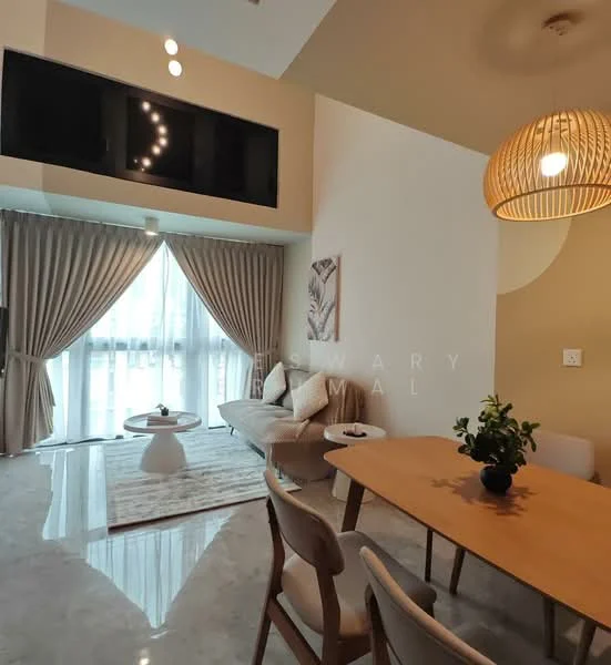 Living features: light grey sofa, round white coffee table, wooden dining table, four wooden dining chairs, large floor-to-ceiling windows, sheer curtains, decorative wall art, pendant light fixture, marble flooring, accent wall in beige, recessed ceiling lights; style: modern.