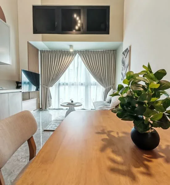 Living features: floor-to-ceiling windows, sheer curtains, grey accent wall, light-colored walls, marble flooring, 3-seater fabric sofa, coffee table, wall-mounted TV, decorative plant in vase, area rug, dining table with chairs; style: modern.