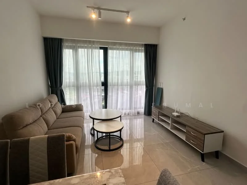 Living features: 3-seater fabric sofa in beige, 2 coffee tables with round tops, TV console with drawers, floor-to-ceiling windows, sheer curtains, grey tiled flooring, recessed downlights, decorative wall, open layout to dining area; style: modern; view: city.