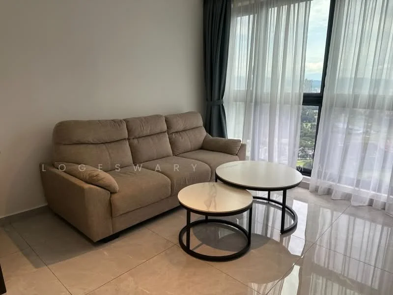 Living features: 3-seater fabric sofa in beige, 2 round coffee tables with white tops and black bases, floor-to-ceiling windows, sheer curtains, grey drapes, marble tile flooring, city view, neutral wall colour; style: modern; view: city.