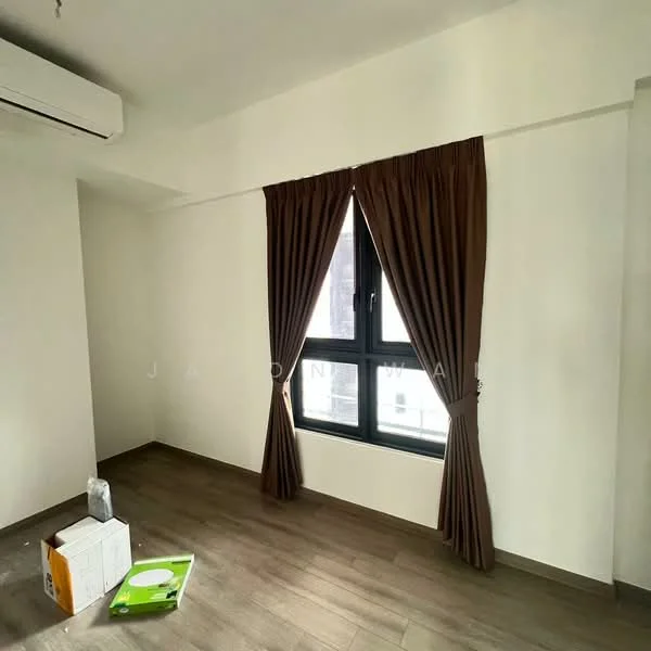 Room features: white painted walls, brown curtains, laminate flooring, 1 wall-mounted split AC, floor-to-ceiling window, box on the floor, green folder on the floor.