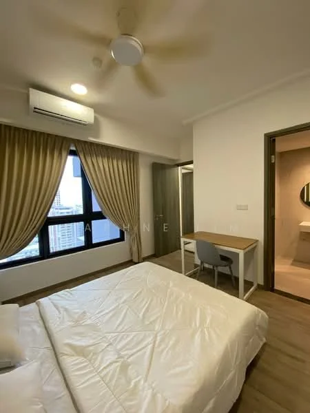 Bedroom features: queen-size bed, white bedding, 5-blade ceiling fan, wall-mounted split AC, floor-to-ceiling windows, curtains in beige, wooden flooring, study desk with chair, built-in wardrobe, neutral wall color; style: modern; view: city. Bathroom features: modern sink with round mirror, tile flooring, shower area, toilet, neutral color scheme.