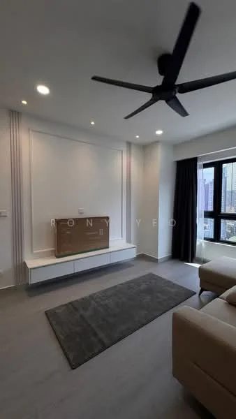 Living features: 5-blade ceiling fan with light, wall-mounted TV console, grey area rug, cream sofa, blackout curtains, recessed downlights, white painted walls, light grey flooring; style: modern.