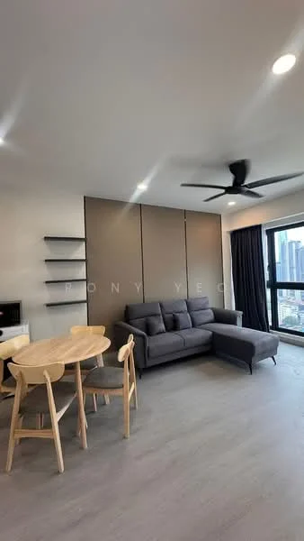 Living features: 3-seater fabric sofa in grey, chaise lounge, round dining table for 4, wooden dining chairs, black accent wall, light grey walls, laminate flooring, ceiling fan with light, floor-to-ceiling windows, curtains, shelves on wall; style: modern; view: city.