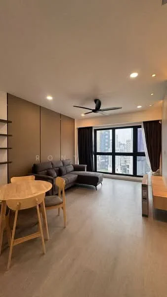 Living features: 3-seater fabric sofa in dark grey, round wooden dining table, 4 wooden dining chairs, floor-to-ceiling windows, city view, 5-blade ceiling fan with light, light wood flooring, wall-mounted TV console, shelves on wall, curtains in dark fabric, recessed downlights; style: modern; view: city.