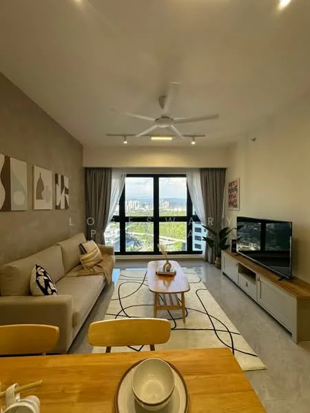 Living features: 3-seater fabric sofa in beige, coffee table with wooden top, TV console with storage, wall-mounted TV, area rug with geometric pattern, ceiling fan with light, floor-to-ceiling windows, curtains, decorative wall art, light-colored walls, light grey flooring; style: modern; view: city.