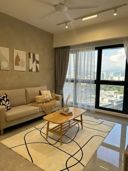 Living features: 3-seater fabric sofa in beige, coffee table with wooden legs, area rug with geometric pattern, floor-to-ceiling windows, sheer curtains, recessed LED downlights, ceiling fan with light, decorative wall art, grey accent wall, polished tile flooring; style: modern; view: city.
