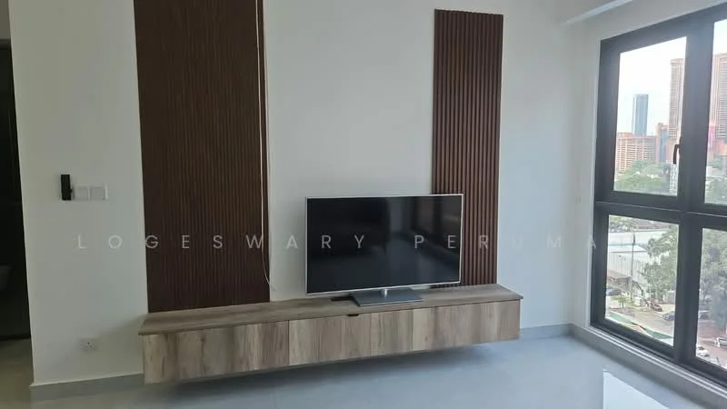 Living features: wall-mounted TV, wooden TV console, grey ceramic tile flooring, large windows with city view, decorative wooden wall panels, white painted walls, recessed lighting, air conditioning unit; style: modern; view: city.