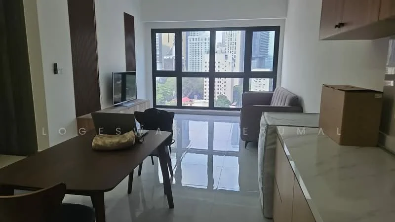 Living features: floor-to-ceiling windows, grey fabric sofa, wooden dining table, 4 dining chairs, TV console, wall-mounted TV, marble countertop, kitchen cabinetry, reflected flooring, city view; style: modern; view: city.