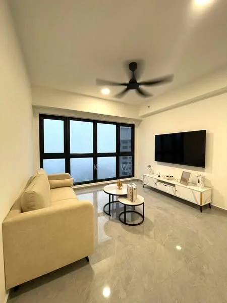 Living features: 3-seater fabric sofa in beige, coffee table with round top, TV console in white with drawers, wall-mounted TV, marble tile flooring, ceiling fan, floor-to-ceiling windows, neutral painted walls, recessed downlights; style: modern.