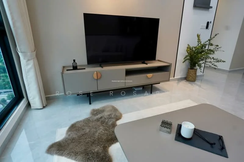 Living features: large flat-screen TV, low-profile TV console in grey, decorative plant in ceramic pot, area rug in light color, coffee table, marble flooring, floor-to-ceiling windows, sheer curtains; style: modern; view: city.