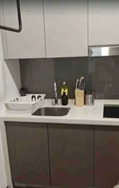 Kitchen features: single-bowl stainless-steel sink, chrome pull-down faucet, white quartz countertop, grey backsplash, flat-panel grey cabinets, built-in oven, induction hob, dish rack, kitchen utensils holder, black canister set; style: modern.