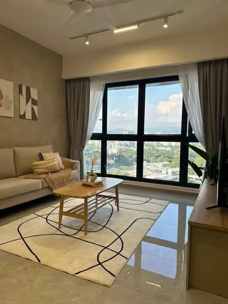Living features: 3-seater fabric sofa in beige, coffee table in wood, area rug with geometric pattern, floor-to-ceiling windows, curtains in light grey, wall-mounted TV, decorative wall art, plant in ceramic pot, polished tile flooring, recessed downlights, ceiling fan; style: modern; view: city.