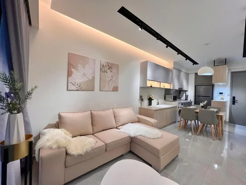Living features: L-shape sectional sofa in light beige, marble tile flooring, recessed LED downlights, wall-mounted artwork with floral design, light wood cabinetry, stainless-steel refrigerator, built-in oven, kitchen island with seating, pendant lamp, dining table with chairs, floor-to-ceiling windows with sheer curtains; style: modern.