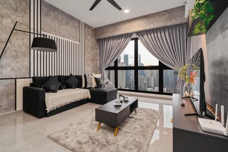 Living features: grey accent wall, white painted walls, floor-to-ceiling windows, black ceiling fan, 3-seater fabric sofa in white, coffee table in dark wood, TV console in dark wood, area rug with neutral color, decorative plants, curtains in light grey, wall-mounted TV, decorative wall art; style: modern; view: city.
