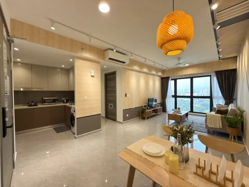 Living features: grey marble tile flooring, cream painted walls, wood panel accent wall, floor-to-ceiling windows, blackout curtains, 3-blade ceiling fan, pendant light fixture, sofa in beige, wooden coffee table, decorative plants, TV console, area rug; style: modern; view: city. Kitchen features: laminate cabinetry in brown, stainless-steel fridge, built-in microwave, freestanding washing machine, ceramic tile backsplash, single-bowl stainless-steel sink, chrome pull-down faucet, 4-burner gas hob, exhaust hood; style: modern.