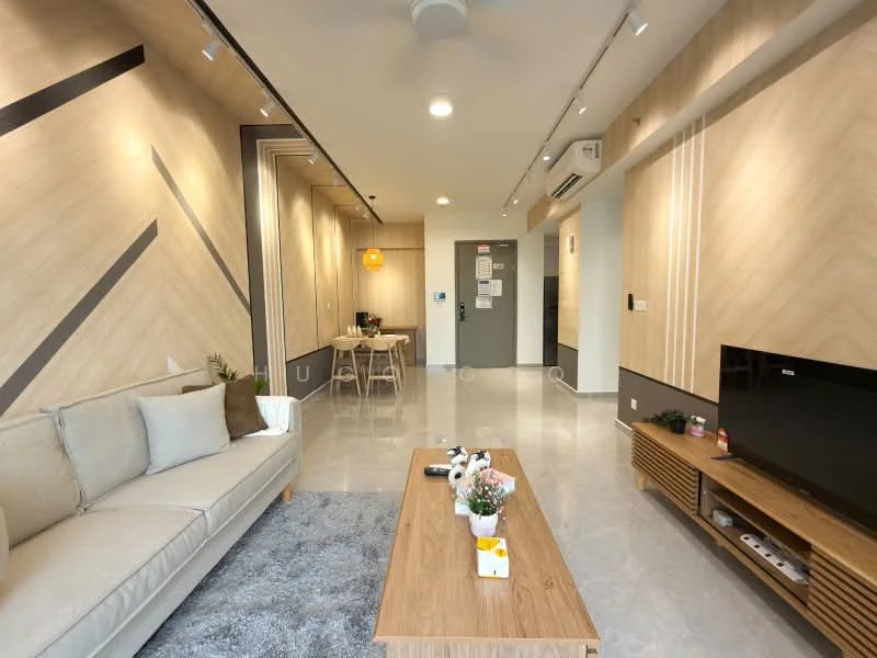 Living features: light grey fabric sofa, wooden coffee table, area rug with geometric pattern, wall-mounted TV, TV console with storage, recessed downlights, ceiling fan, decorative wall paneling, neutral painted walls, grey polished tile flooring; style: modern.