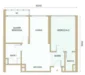 Floor plan: 2-bedroom 1-bathroom unit; features: open-plan kitchen-dining-living, master bedroom with ensuite bathroom, bedroom 2 with shared bathroom, utility room, central foyer.