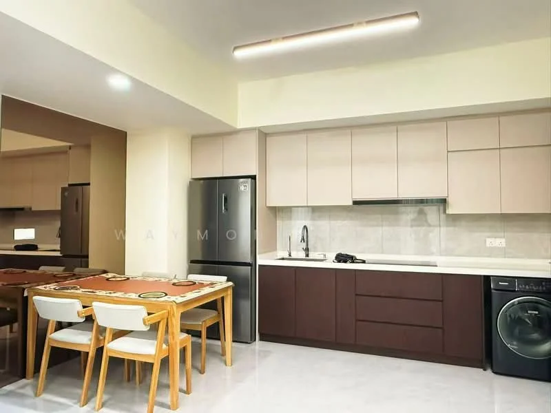 Kitchen features: white cabinets, brown lower cabinets, stainless-steel fridge, built-in oven, stainless-steel sink, chrome pull-down faucet, quartz countertop, grey tile backsplash, washing machine, dining table with 6 chairs, pendant lighting, marble tile flooring; style: modern.