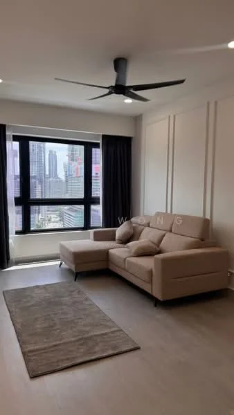 Living features: L-shape sectional sofa in beige, area rug with solid pattern, floor-to-ceiling windows, blackout curtains, 5-blade ceiling fan with light, light grey painted walls, wooden flooring, city view; style: modern; view: city.