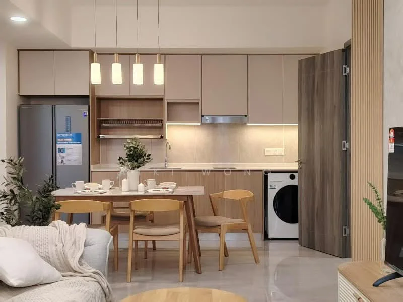 Kitchen features: light wood cabinetry, white countertop, built-in oven, stainless-steel fridge, washing machine, 4-burner gas hob, single-bowl stainless-steel sink, chrome pull-down faucet, open shelving, pendant lighting, ceramic tile flooring, neutral painted walls; style: modern. Dining features: 6-seater dining table, wooden dining chairs, decorative plant, tableware set; style: modern. Living features: fabric sofa, coffee table, TV console, wall-mounted TV, area rug; style: modern.