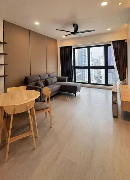 Living features: 3-seater fabric sofa in grey, L-shape sectional sofa, wooden dining table, 2 wooden dining chairs, floor-to-ceiling windows, city skyline view, light wood flooring, recessed downlights, ceiling fan, black curtains, wall-mounted shelf; style: modern; view: city.