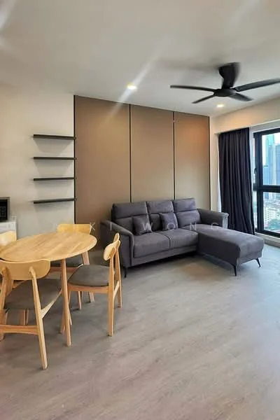 Living features: grey fabric sofa, L-shape sectional sofa, round wooden dining table, 4 wooden dining chairs, black ceiling fan, floor-to-ceiling windows, blackout curtains, light wood flooring, wall-mounted shelves, neutral painted walls, decorative cushions; style: modern; view: city.