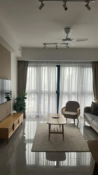 Living features: 3-seater fabric sofa in light grey, wooden coffee table, TV console with storage, wall-mounted TV, floor-to-ceiling windows, sheer curtains, 5-blade ceiling fan with light, area rug with neutral color, decorative houseplant, accent chair in beige; style: modern.
