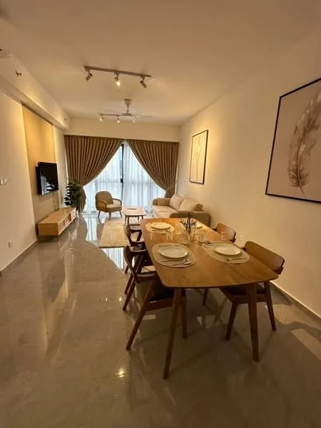 Living features: marble tile flooring, white painted walls, recessed downlights, 5-blade ceiling fan, floor-to-ceiling windows, sheer curtains, light-colored sofa, wooden dining table, wooden dining chairs, decorative wall art, area rug, TV console, wall-mounted TV; style: modern.