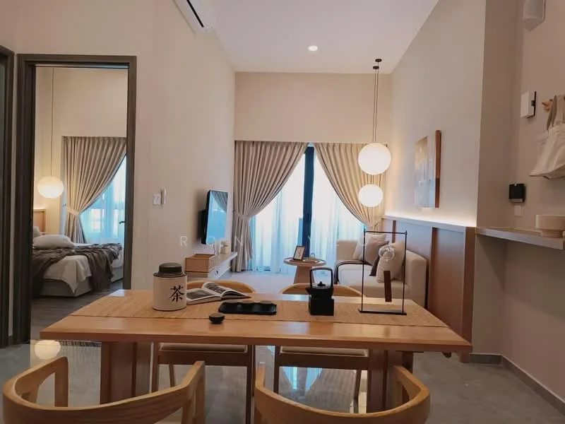 Living features: light wood dining table, two wooden chairs, decorative vase on table, open shelving unit, wall-mounted TV, floor-to-ceiling windows, sheer curtains, recessed ceiling lights, light grey walls, marble flooring, sofa in beige, decorative wall art; style: modern; view: city. Room features: bed with grey bedding, nightstand, table lamp, curtains.