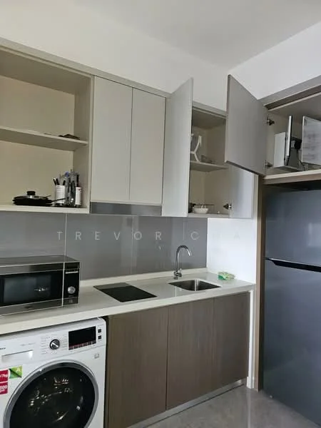 Kitchen features: white upper cabinets, wood lower cabinets, stainless-steel sink, chrome pull-down faucet, white countertop, microwave, built-in oven, front-load washing machine, stainless-steel fridge, grey backsplash, open shelving, kitchen utensils on counter; style: modern.