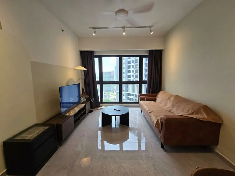 Living features: 3-seater fabric sofa in brown, coffee table, TV console, wall-mounted TV, floor-to-ceiling windows, curtains, recessed downlights, ceiling fan, polished tile flooring, decorative lamp; style: modern; view: city.