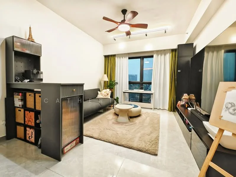 Living features: 3-seater fabric sofa in grey, round coffee table, area rug with geometric pattern, floor-to-ceiling windows, curtains in green and white, ceiling fan with light, wall-mounted TV, black TV console, decorative items on console, lampshade floor lamp, shelving unit with decorative items; style: modern; view: city.